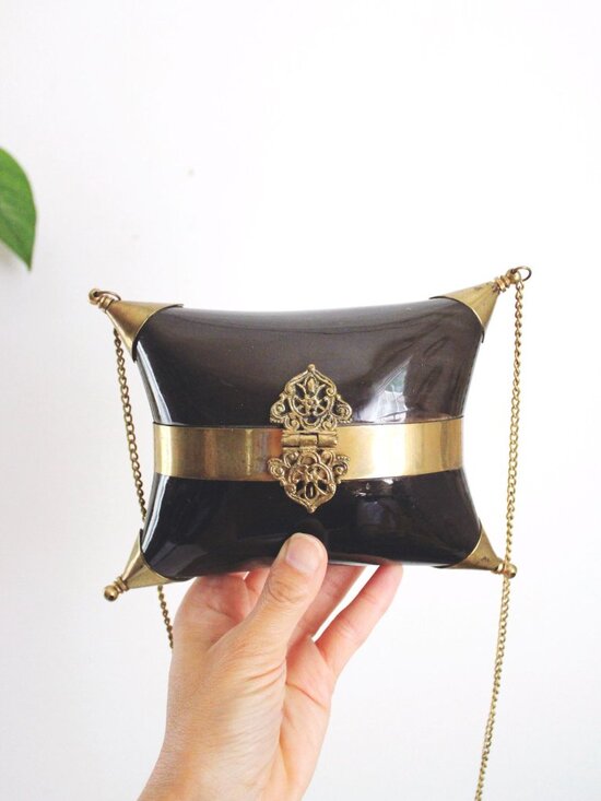 None Handbags - Vintage Black Gold Brass Pillow Purse Cushion Purse Minaudiere Art Deco Chain St